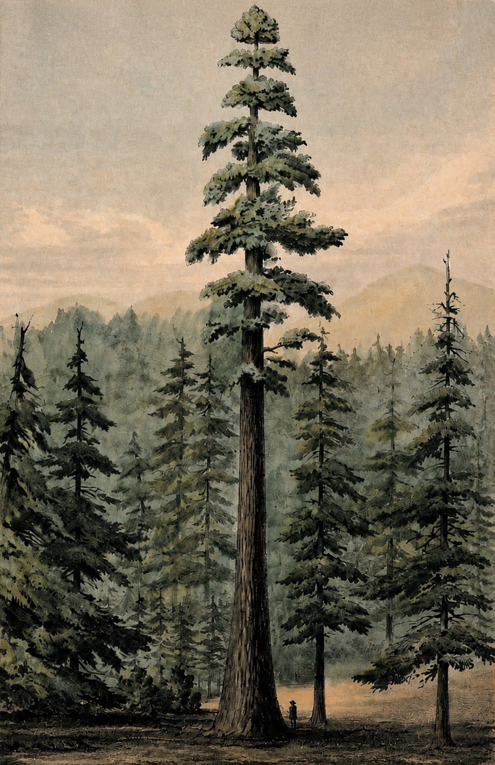 Illustration of an old-growth coast redwood towering over the surrounding forest, a lone figure at its base for scale